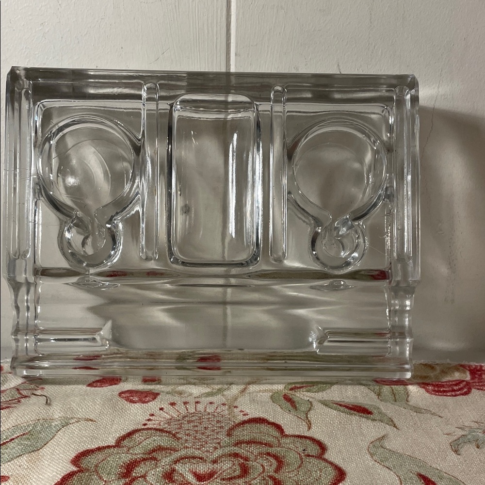 Vintage Heavy Clear Glass Double Inkwell Desk Organizer